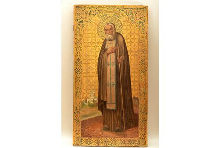 ikona, Sirdsskaidrais Sarovas Serafims, dēlis, gleznojums, vizuļzelts, Krievijas impērija, 97.5 х 52 х 3.6 cm