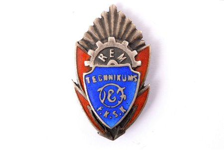 badge, Vocational School VEF F.K.S.K (Riga Electrical Mechanical Vocational School), silver, enamel, Latvia, 40ies of 20 cent., 14.5 x 25 mm, 3.65 g