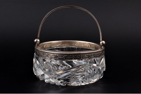sugar-bowl, silver, 875 standard, cut-glass (crystal), Ø 11.3 cm, h (with handle) 12 cm, the 20ties of 20th cent., Latvia