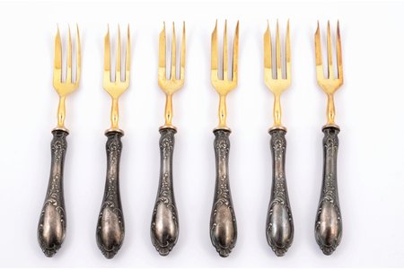 set of 6 dessert forks, silver, 875 standard, total weight of items 173 g, gilding, metal, 15.5 cm, the 30ties of 20th cent., Riga, Latvia