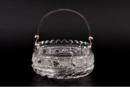 sugar-bowl, silver, 875 standard, cut-glass (crystal), Ø 11.5 cm, h (with handle) 12.5 cm, the 20ties of 20th cent., Latvia, traces of everyday use
