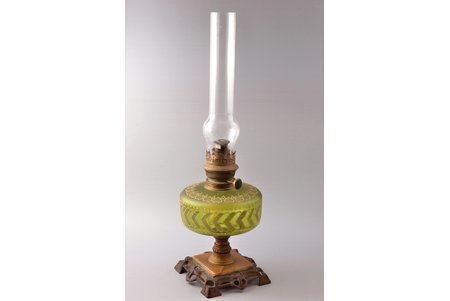 kerosene lamp, "Volks Brenner", brass, glass, stone, spelter, Germany, the border of the 19th and the 20th centuries, h (with glass flask/without) 51/27.5 cm, with glass flask of the Ilguciems glass factory