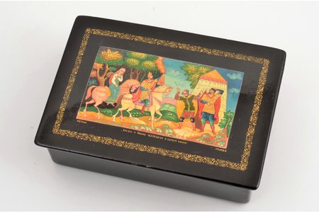 case, lacquer miniature, "The Tale of Ivan the Tsarevich and the Gray Wolf", Mstera, by artist V. Gulyaev, USSR, the 50-60ies of 20th cent., 9.8 x 14 x 4.5 cm
