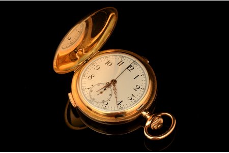 kabatas pulkstenis, ceturkšņa repetīrs ar hronometru, Šveice, 19. un 20. gadsimtu robeža, zelts, 56, 585, 14 K prove, 110.4 g, 7.2 x 6.1 cm, Ø 56 mm, ar futlāru
