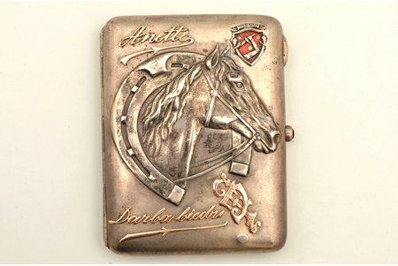 cigarette case, silver, with The Latvian War of Liberation Commemorative miniature badge 1918-1920, 875 standard, 184.85 g, gold, 10.9 x 8.7 x 2.2 cm, the 30ties of 20th cent., Latvia, over the original stamps (875) fantasy stamps are embossed