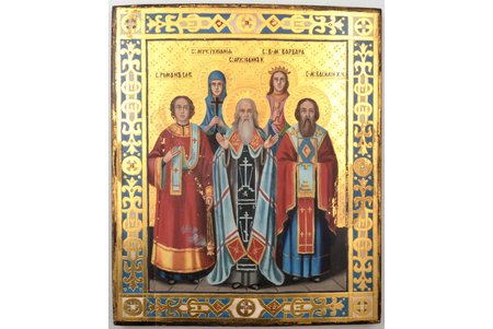 icon, Chosen saints: St. Roman, Holy Martyrs Juliana, Barbara, Basil, Archangel John, board, painting, gold leafy, Russia, the border of the 19th and the 20th centuries, 30.7 x 26 x 2.1 cm