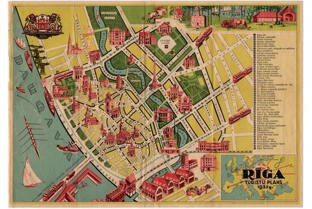 карта, Туристический план города Риги, Латвия, 1935 г., 28 x 40 см, издательство - Ernst Plates