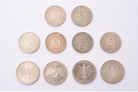 set of 10 coins: 5 marks, 10 marks, 1951-1972, D, J, G, F, silver, Germany, Ø 29 / 32.5 mm