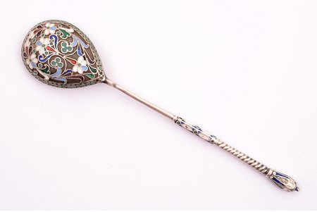 spoon, silver, 84 standard, 21.65 g, cloisonne enamel, 14 cm, 1880-1890, Moscow, Russia, defect of enamel