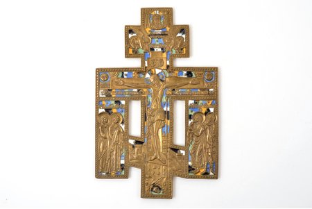 крест, Распятие Христово, медный сплав, 5-цветная эмаль, Российская империя, 2-я половина 19-го века, 22.9 x 14.8 x 0.5-0.6 см