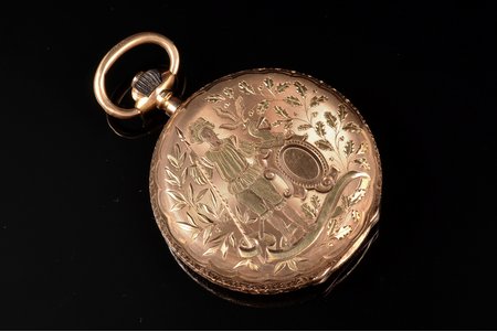 pocket watch, "Remontoir", Chaton Ancre, 16 Rubis, №75817, Switzerland, the end of the 19th century, gold, 56, 14 K standart, 89.95 g, Ø 52 mm, glass missing