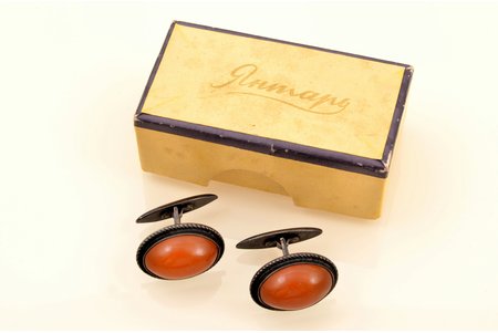 cufflinks, silver, amber, 875 standard, 11.85 g., the item's dimensions 2.2 x 1.4 cm, 1962, workshop Rigas Gravieris, Riga, Latvia, USSR