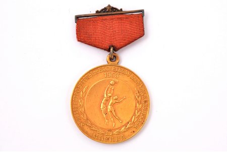 medal, Basketball champion of the Europe G. Silins, gold, USSR, 1953, 39 x 34 mm