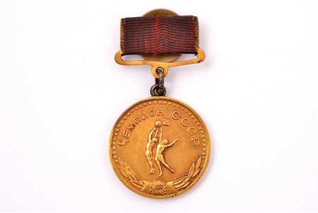 medal, Basketball champion of the USSR G. Silins, 1st class, gold, USSR, 1952, 32.8 x 29 mm, After the Second World War, on the orders of Joseph Stalin, the MVO VVS (Air Force of the Moscow Military District) society was created, which included such sports as football, hockey, basketball, volleyball. Vasily Stalin was appointed as the team's patron.