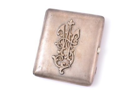 cigarette case, silver, with monogram, 84 standard, 184.8 g, gilding, 10.2 x 9 x 1.8 cm, Joint-stock company (association) of artels of Moscow goldsmiths, 1908-1917, Moscow, Russia