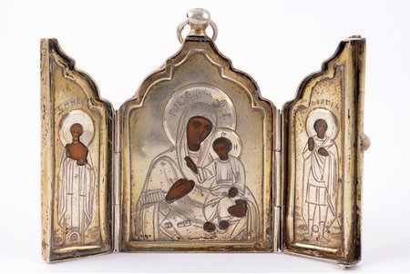 pendant - icon with foldable side flaps, Hirbovat icon of the Mother of God with saints, silver, painting, engraving, 84 standard, workshop of Krutikov Ivan Kirillovich and Pyotr Kirillovich, Moscow, Russia, 1908-1917, 6.1 x 8.2 x 0.3 cm, total weight 42.26 g.