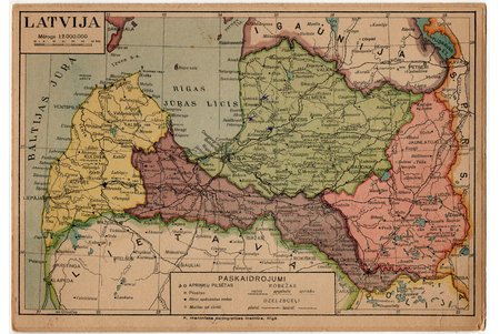 karte, uz kartona, Latvijas karte, P.Mantinieka kartogrāfijas institūta izdevums, Latvija, 20. gs. 30tie g., 17.5 х 25 cm