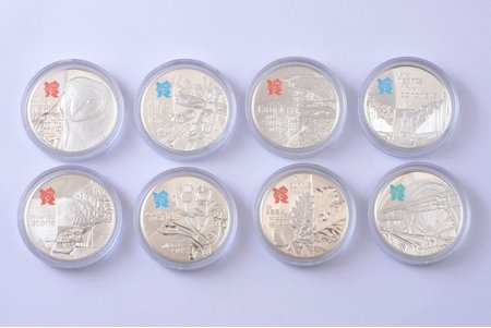 a set of 8 coins, 5 pounds, 2009-2010, Elizabeth II, Olympics, silver, 925 standard, Great Britain, 28.28 g, Ø 38.6 mm, Proof