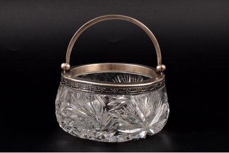 candy-bowl, silver, 875 standard, cut-glass (crystal), Ø 13.3 cm, h (with handle) 13.5 cm, the 30ties of 20th cent., Latvia, small chips - traces of everyday use