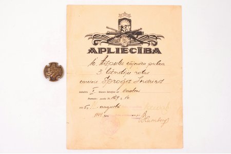 set: badge Army expert-shooter (rifle shooting), 31.1 x 31.5 mm with certificate (1-st class rifle shooter, 10th Aizputes infantry regiment), Latvia, 20-30ies of 20th cent.