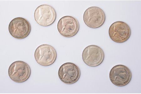 set of 10 coins: 5 lats, 1929-1932, silver, Latvia