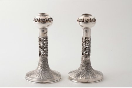 pair of candlesticks, silver, 830 standard, total weight of items (with filling material and bottom made of german silver) 390.95 g, h 16.3 cm, by P. Sarpaneva, 1972, Turku, Finland