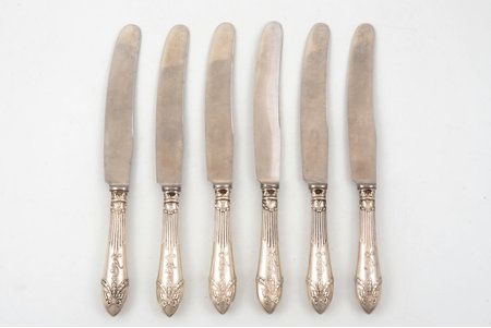 set of 6 dessert knives, silver/metal, hallmark HACKMAN & Co SORSAKOSKI, 84 standard, total weight of items 638.90 g, 22.5 cm, Wladyslav Hempel, 1908-1917, Warsaw, Russia, Poland