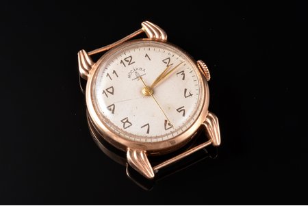wristwatch, "Moskva", USSR, the 50ies of 20th cent., gold, 583 standart, 25.93 g, the weight of gold 11 g, 4.2 x 3.4 cm, Ø 33 mm, mechanism in working order