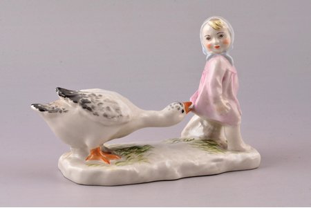 figurine, Girl with a goose, porcelain, Riga (Latvia), USSR, Riga porcelain factory, the 50ies of 20th cent., h 9.8 cm, first grade