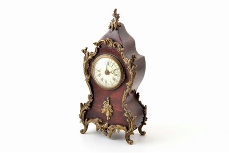 table clock, bronze, wood, 849.8 g, h 24.7 cm, dial diameter 6.6 mm