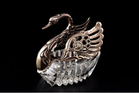 saltcellar "Swan", silver, 830, 835 standard, total weight of item 259.1 g, cut-glass (crystal), 10.4 x 11.2 x 6.6 cm, Albert Bodemer, Germany, import hallmark of Finland