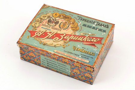 box, Turkish Tobacco, tobacco factory "А.А. Зарицкого", Cherkasy, tin, Russia, the 2nd half of the 19th cent., 10.3 x 13.7 x 4.8 cm