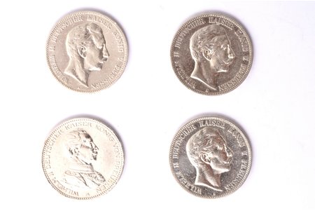 лот из 4 монет: 5 марок, 1904 / 1907 / 1908 / 1913 г., Вильгельм II (Фридрих Вильгельм Виктор Альберт) король Пруссии, серебро, Германия