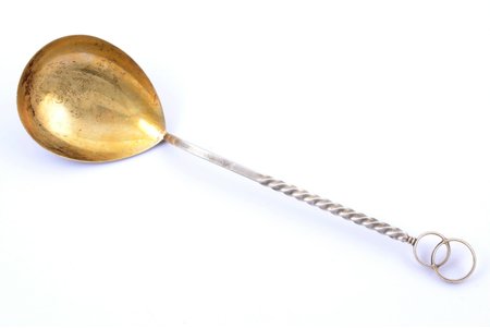 spoon for salad, for wedding, silver, 916 standard, 51.15 g, gilding, 19.7 cm, the 60-80ies of 20th cent., Sverdlovsk, USSR