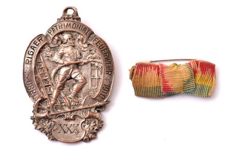 badge, Riga Firemen's Association, 30th anniversary (1880-1910), copper, silver plate, Latvia, Russia, 1910, 52 x 34.6 mm