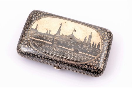 cigarette case, silver, 84 standard, 102.8 g, niello enamel, gilding, 9.5 x 5.7 x 2.2 cm, factory of Klingert Gustav Gustavovich, 1889, Moscow, Russia, through cut