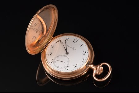 карманные часы, "Павелъ Буре", Российская империя, Швейцария, золото, 583 проба, 115.67 г, 6.7 x 5.35 см, Ø 53.5 мм, механизм в рабочем состоянии, небольшая вмятина на корпусе