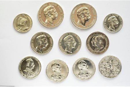lote no 11 monētām: 2 , 3 un 5 markas, 1901-1913 g., Vilhelms II (Frīdrihs Vilhelms Viktors Alberts) Prūsijas karalis, sudrabs, Vācija