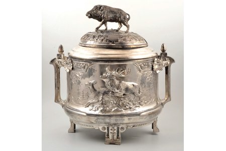 punch bowl, silver plated, Germany, the beginning of the 20th cent., 40 x 33 x 45 cm, weight 6200 g, deformation and defects of the cover