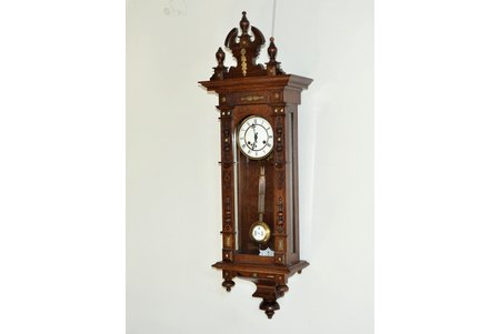 wall clock, wood, 100 x 33.5 x 18 cm, dial diameter 14 cm; in working condition, with key