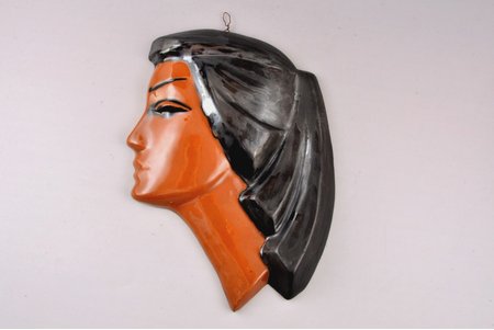 wall decoration, "Young Woman", ceramics, sculpture's work, shape by Valda Blunova, Riga (Latvia), USSR, 1963, 25 x 18 cm, chip on the edge of the base