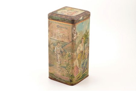candy box, factory of sweets and gingerbread V.N. Gladkov in Kharkov, factory A. Jaco and Co. Odessa, tin, Russia, the beginning of the 20th cent., 11 x 11 x 23 cm