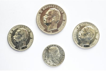set of 4 coins: 2 , 3 and 5 marks, 1902 / 1911 / 1912 / 1913, Friedrich II of Baden - Grand Duke of Baden, silver, Germany