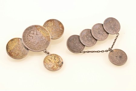 a set, 2 brooches made from coins (25/50 pennies, 1 mark) for Finland (1865-1917), silver, the items dimensions 5.4 / 5.3 cm, the border of the 19th and the 20th centuries, Russia, total weight of items 19.6 g