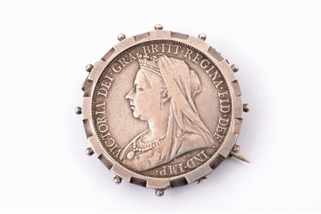 a brooch, made from a UK coin 1895, Queen Victoria, silver, 925 standard, 33.70 g., the item's dimensions Ø 4.4 cm, the end of the 19th century, Chester, Great Britain