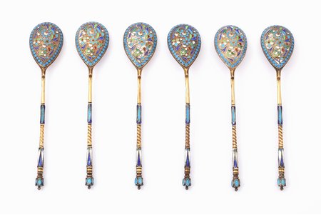 set of 6 coffee spoons, silver, 84 standard, total weight of items 73.4 g, cloisonne enamel, gilding, 11.3-11.4 cm, Kazakov Semyon, 1880-1890, Moscow, Russia