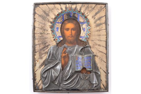 icon, Jesus Christ Pantocrator, board, painting, enamel, silver oklad, 84 standard, Moscow, Russia, 1890, 13.5 x 11.4 x 1.7 cm
