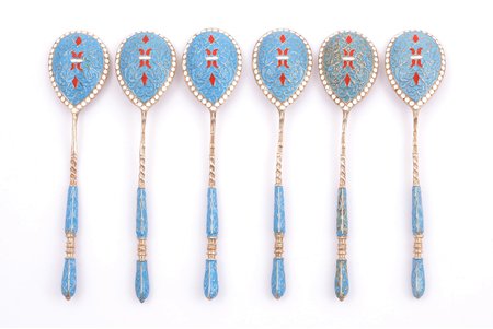 set of 6 coffee spoons, silver, 84 standard, total weight of items 72.10 g, enamel, 10.7 cm, 1880-1890, Russia, enamel defects on one spoon