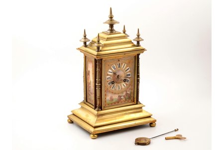table clock, "Achille Brocot", gothic, painting on porcelain, France, the middle of the 19th cent., bronze, 4950 g, 33 x 20.2 x 15.2 cm, mechanism in working order, with key