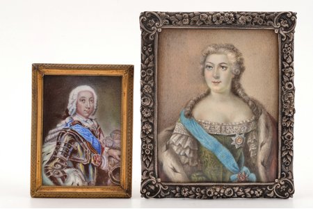 2 миниатюры, Император Пётр II и Императрица Анна Иоанновна, 18-й век, живопись, 7.2 x 5.5 / 10.1 x 8.3 см